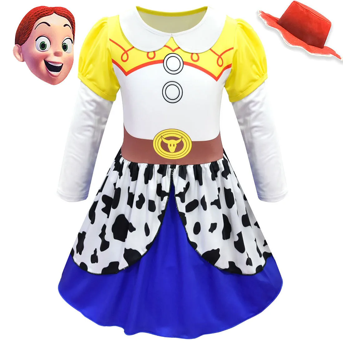 Детский карнавальный костюм Джесси из истории игрушек для девочек; платье с длинными рукавами для девочек; костюм для выступлений в стиле аниме на Хэллоуин - Цвет: dress hat mask