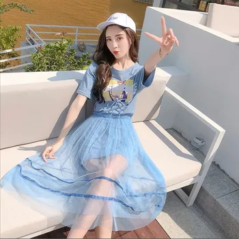 

Lengthened Printed Bow Short-sleeved O-neck T-shirt Female Striped Elastic Waist Band Mesh Sweet Skirt Women's Sets 2020 Spring