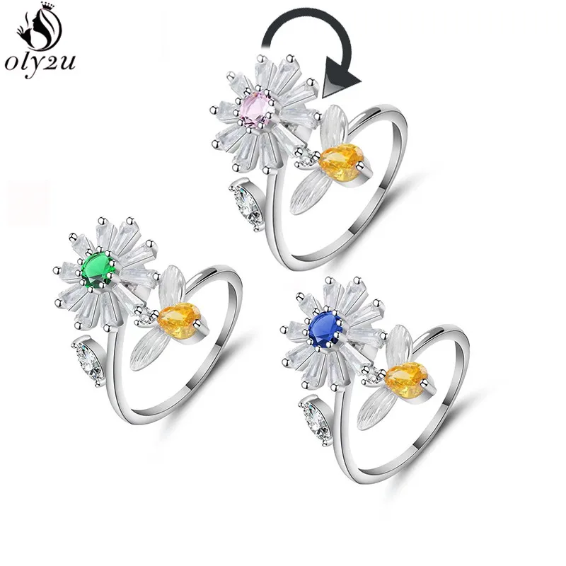 Fashion Fidget Ring Summer Style Crystal Daisy Flower Rotate Freely