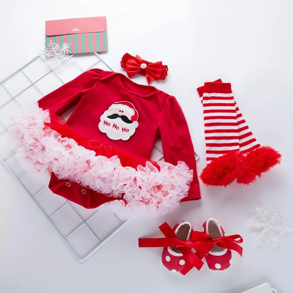 Рождественский комплект из 4 предметов; платье для маленьких девочек; носки; обувь; повязка на голову; комплекты рождественской одежды для новорожденных; комбинезон с принтом; Новинка года