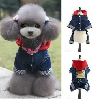 

Pet Dog Clothes Puppy Winter Warm Jacket Red Hat Clothing Four-legged Jeans Jacket Pets Coustume For French Bulldog Puppy