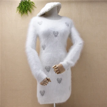 

New women's medium length white bottomed dress round neck long sleeve knitting Angora rabbit hair slim fit Pullover sweaters