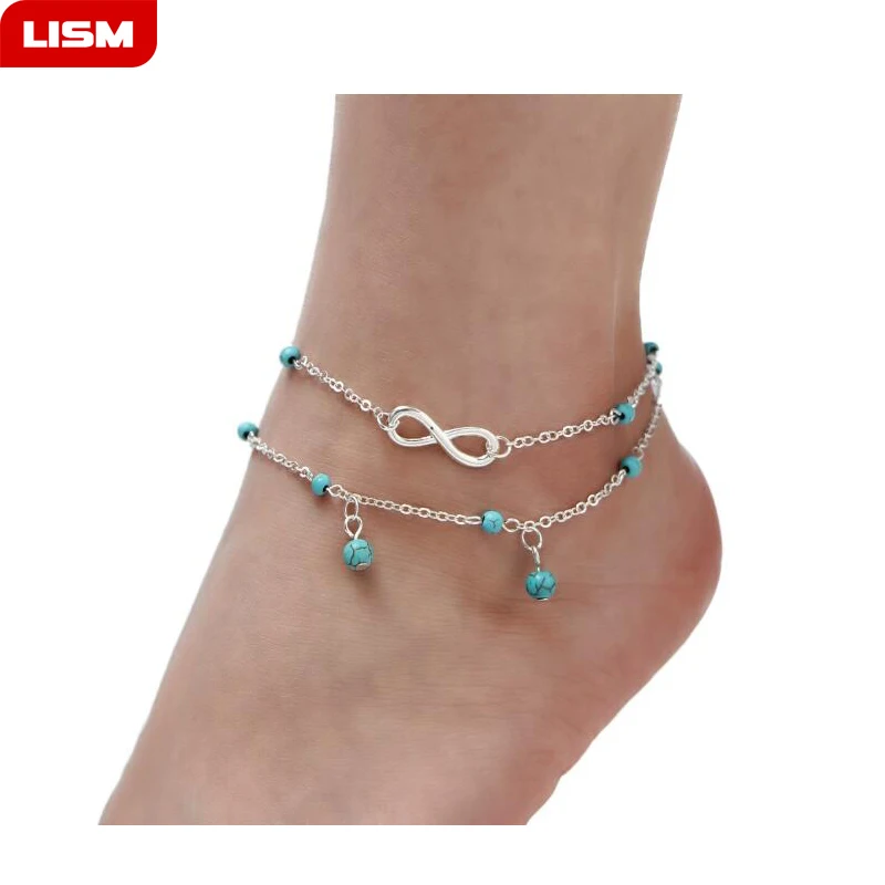 

Fashion Vintage Antique Silver Color Anklet Women Big Blue Stone Beads Bohemian Ankle Bracelet cheville Boho Foot Jewelry