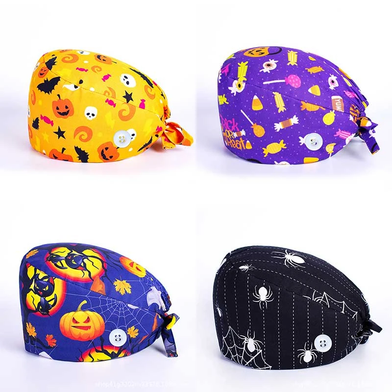 Halloween Scrub Cap Printed Cotton Beauty Salon Surgeon Dental Clinic Nursing Hat with Button Women Men Surgical Caps Wholesale ski beanie