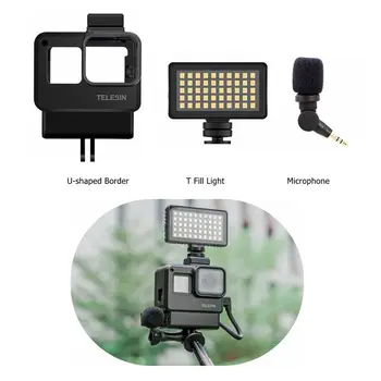

3in1 VLOG Cold Shoe Socket Case Cage U-shaped Frame+50 Lamp Bead Fill Light+Intelligent Microphone For GoPro Hero 7 6 5 Black