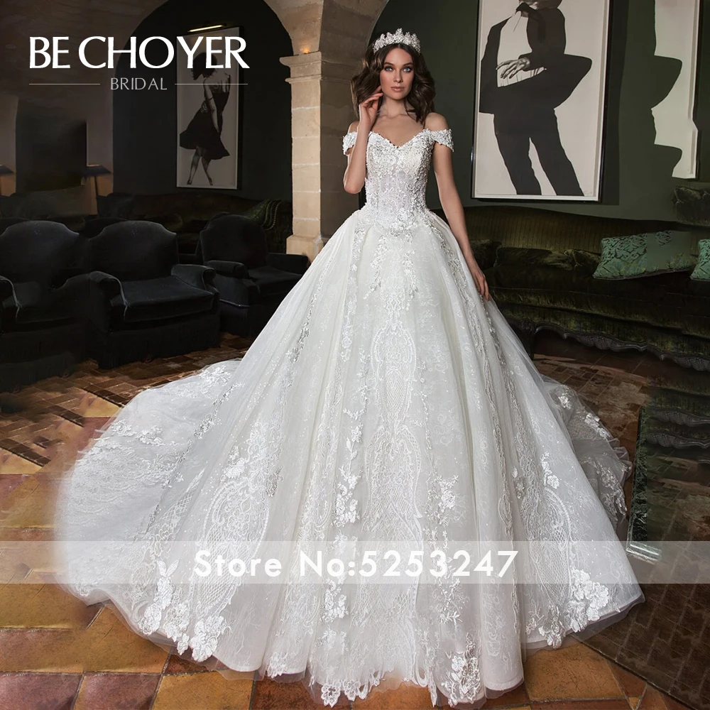 Винтажное свадебное платье с аппликацией BECHOYER N209 роскошное бальное платье с бисером на шнуровке с открытыми плечами платье для невесты принцессы Vestido de Noiva