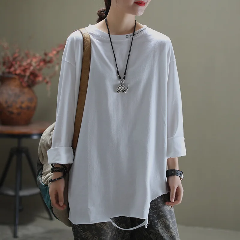 

Casual Embroidery White O Neck Tees For Women With Letter Embroidery 2020 Spring Vintage Irregular Long Sleeve T Shirt