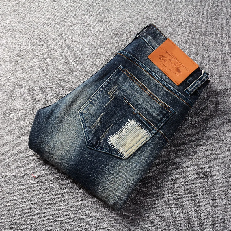 Italian Style Fashion Men Jeans Retro Dark Blue Slim Fit Ripped Jeans For Men Vintage Designer Patches Cotton Denim Long Pants