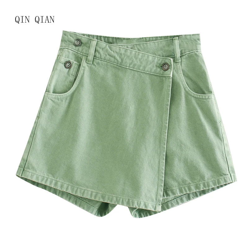 Women Chic Fashion Asymmetric Wrap Style Denim Shorts Skirts Vintage Zipper Fly Pockets Female Skort Pantalones