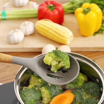 

silicone kitchenware wooden handle nonstick spatula spoon turner soup ladle whisk kitchen cooking gadget tools