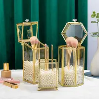 Ins Vintage Glass Makeup Brush Holder Gold Square Prismatic Copper Edging  Cosmetic Holder Lipstick Pencil Storage Container 1