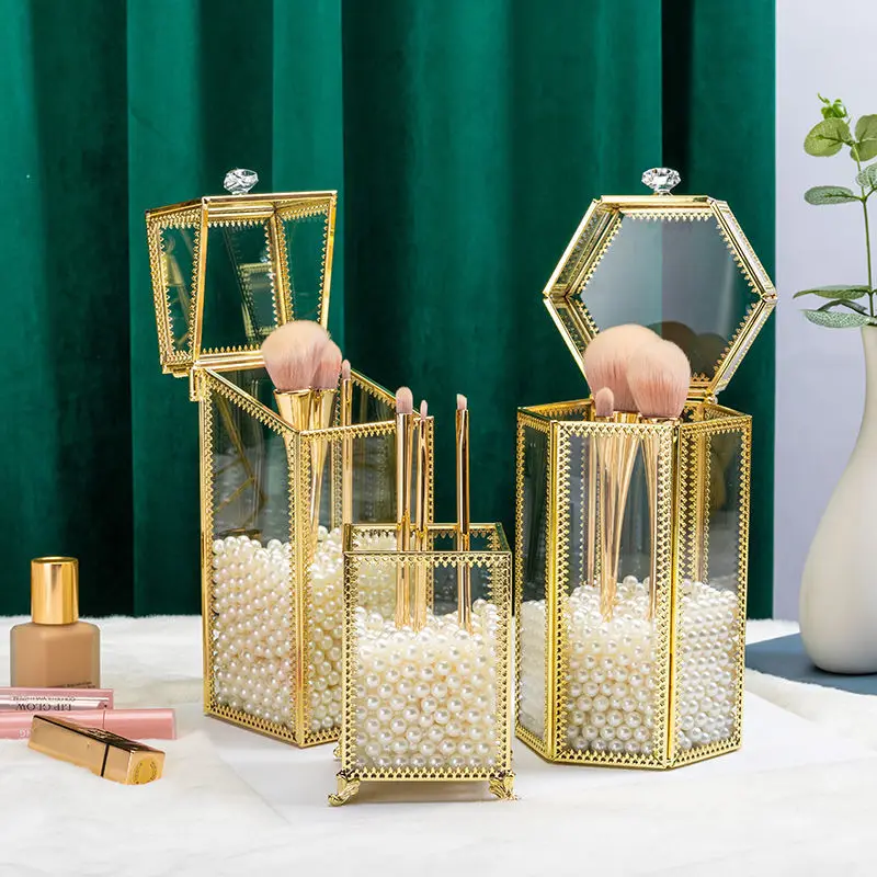 Ins Vintage Vidro Maquiagem Escova Titular Quadrado De Ouro Prism tica 