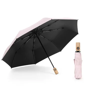 

UV Canada Maple Automatic Umbrella Men Women Windproof Japanese Style Three Folding Umbrellas Rain Wooden Handle Paraguas