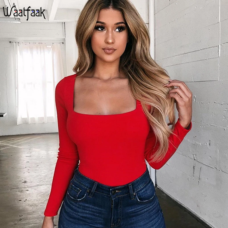 

Waatfaak Basic Solid Long Sleeve Autumn Bodysuit Top Bodycon Bodysuits Women Square Collar Elegant Vintage Body Skinny Ladies