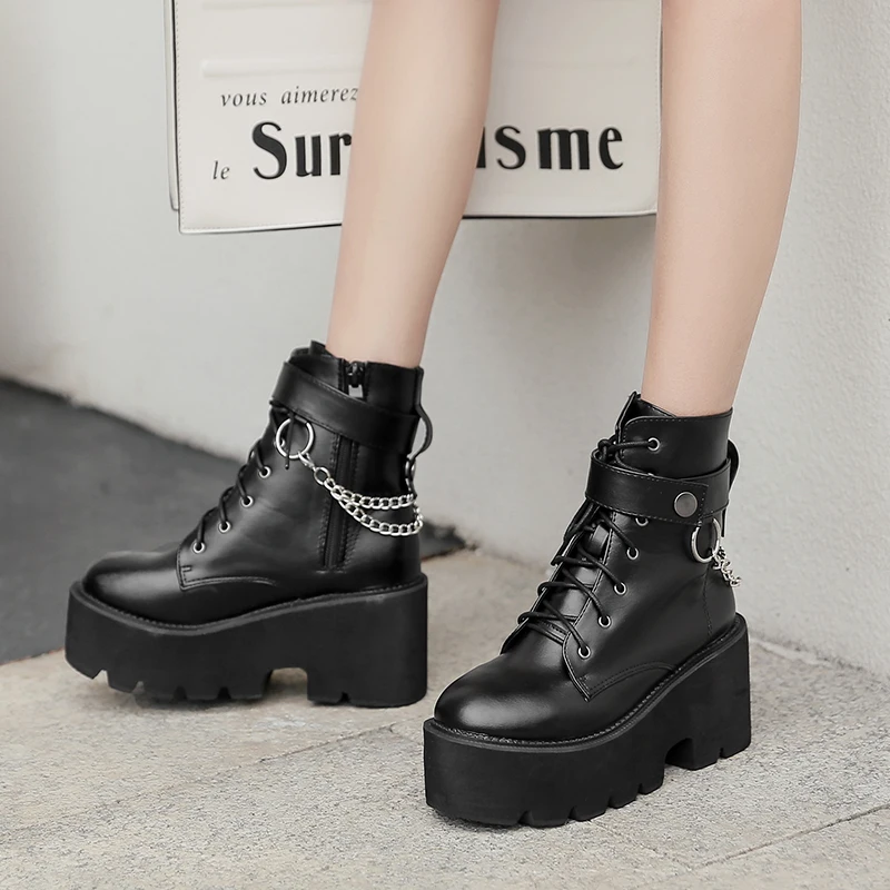 Botas con Cadenas de Metal para mujer, botines con plataforma gruesa, punta  redonda, estilo gótico Punk, color negro, para invierno, SWE0872|Botas  hasta el tobillo| - AliExpress