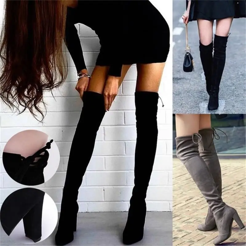 

Women's Warm Boots 2019 Autumn Winter New Pointed Thick With Side Zipper Over The Knee Boots Elastic Boots Ladies Long Boots