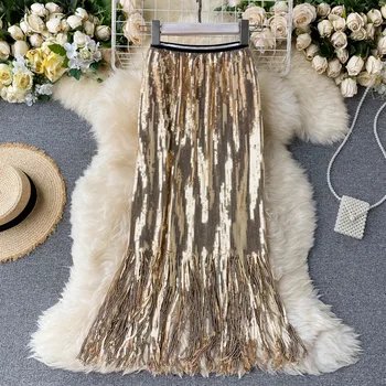 

Extremely Fashion Bling Bling Sequined Tassels Skirt Sexy High Waist Sequines Medium Long Skirt