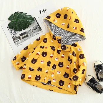 

INS Hot Models Spring and Autumn Boys and Girls Printed Bear Windproof Windbreaker Children's Jacket Cotton Striped Inside