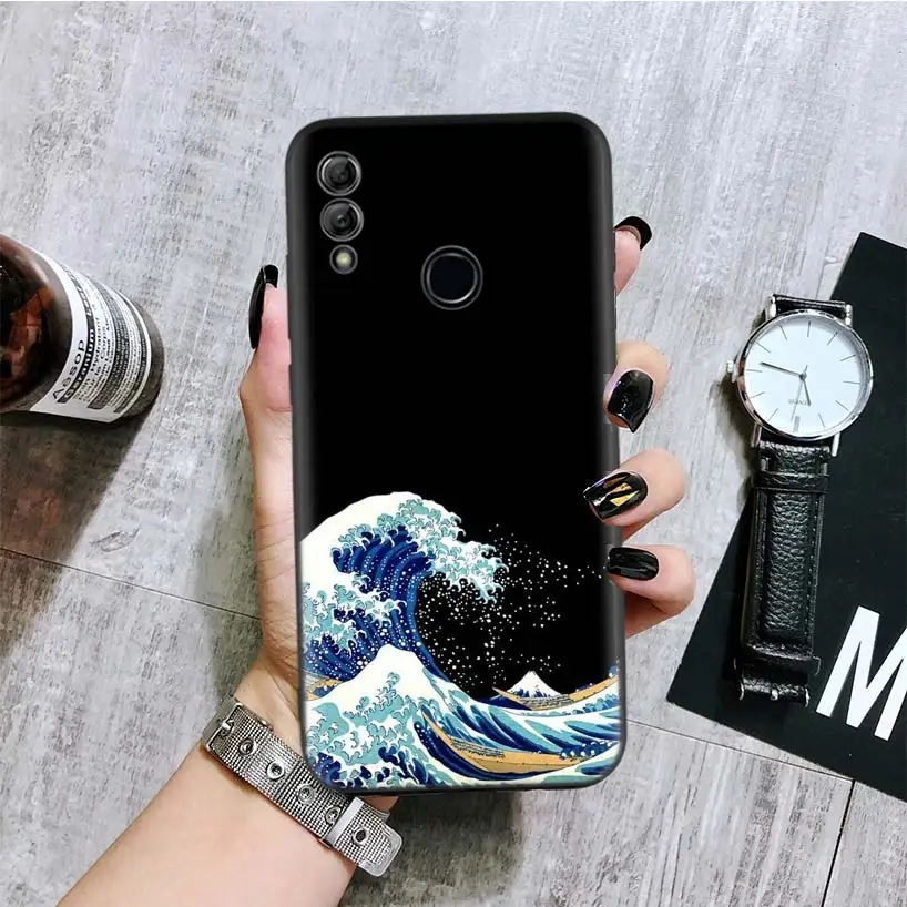 Wave Art Japanese Green Illust Black Cover Phone Case for Huawei Y9 Y5 Y6 Y7 2019 3
