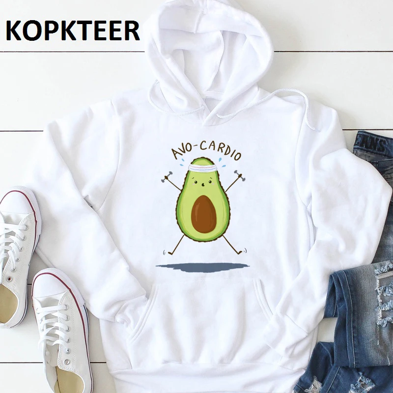  2019 Women Hoodies Sweatshirts Pocket Kawaii Funny Avocado Print Pullover Hoodie Streetwear Winter 