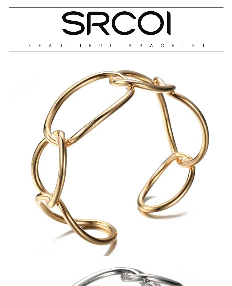 SRCOI минималистский ветер овальная запонка геометрический моделирование полый браслет личности преувеличенный разомкнутый жесткий браслет для женщин Девушка