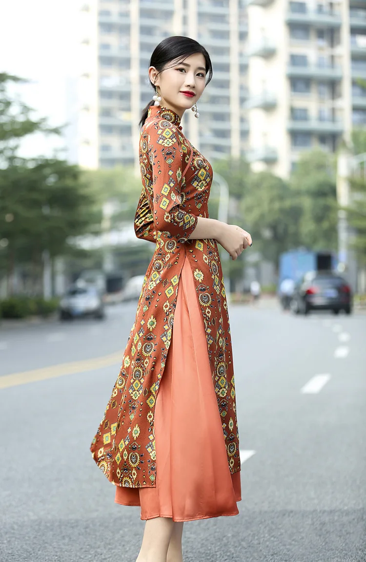 Весенние и осенние модели ретро тонкий длинный аозай cheongsam платье