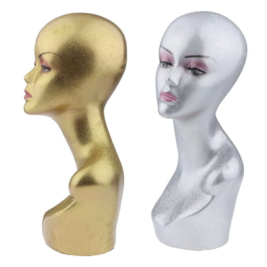 2Pieces Female Mannequin Head Model Wig Hat Cap Sunglass Display Manikin Metallic - Gold and Silver