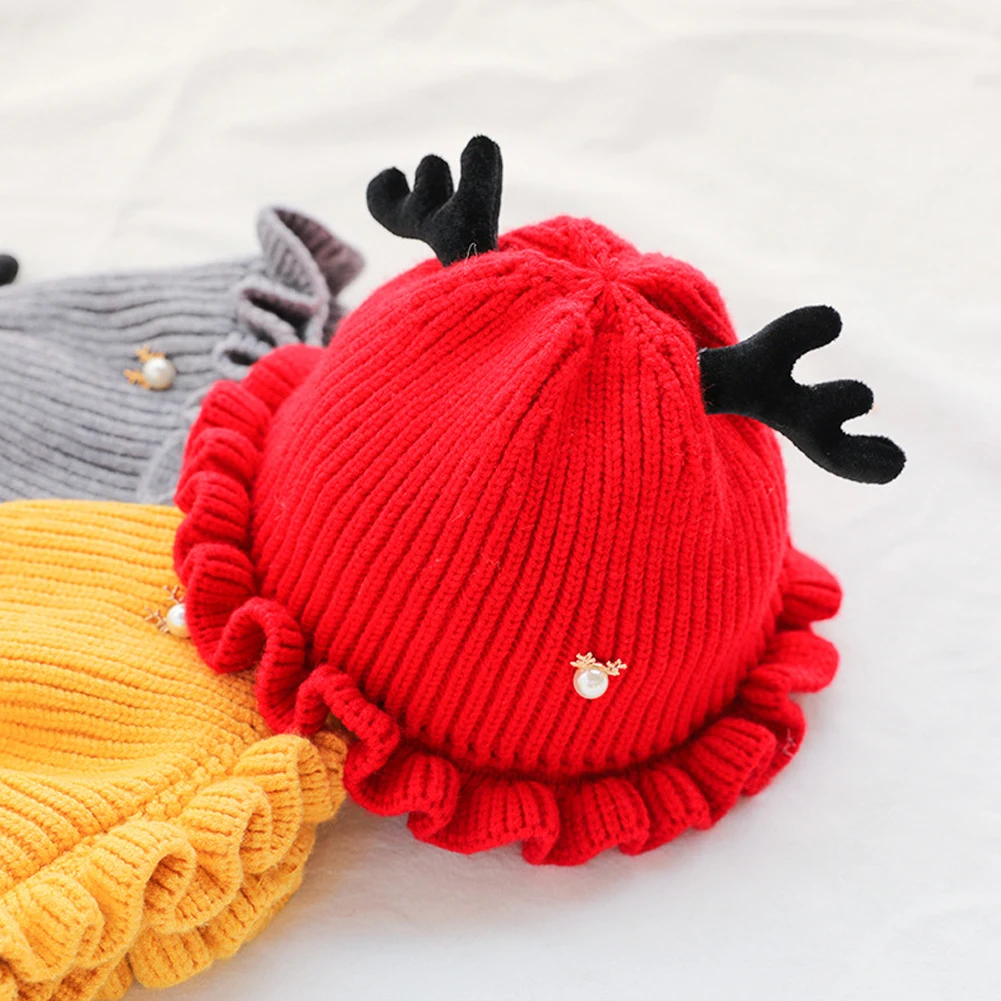 Emmababy для девочек и мальчиков; детская теплая шапка с оленьими ушками; шапка с жемчугом; вязаная шапка с рогами для малышей; стильная шерстяная вязаная шапка с рисунком; вязаная шапочка; подарок
