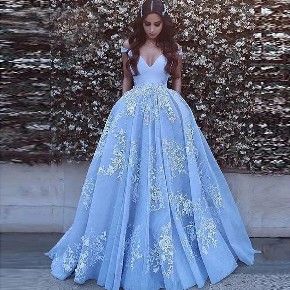 formal gowns for women Elegant Off Shoulder Prom Ball Gown Satin Evening Dresses robe de soiree Floor Length Lace Appliques Party Gown Quinceanera evening wear for women