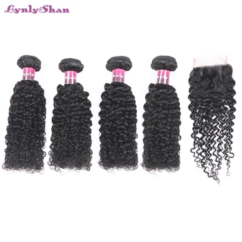 

Lynlyshan Human Hair Curly Bundles With Closure Kinky Indian Curly Bundles With 4*4Closure Remy Hair Natural Color Free Shipping
