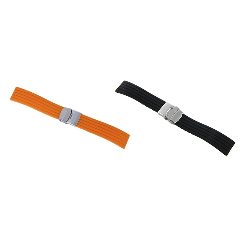 

2 Pcs Silicone Rubber Watch Strap Band Deployment Buckle Waterproof 22Mm, Black & Orange