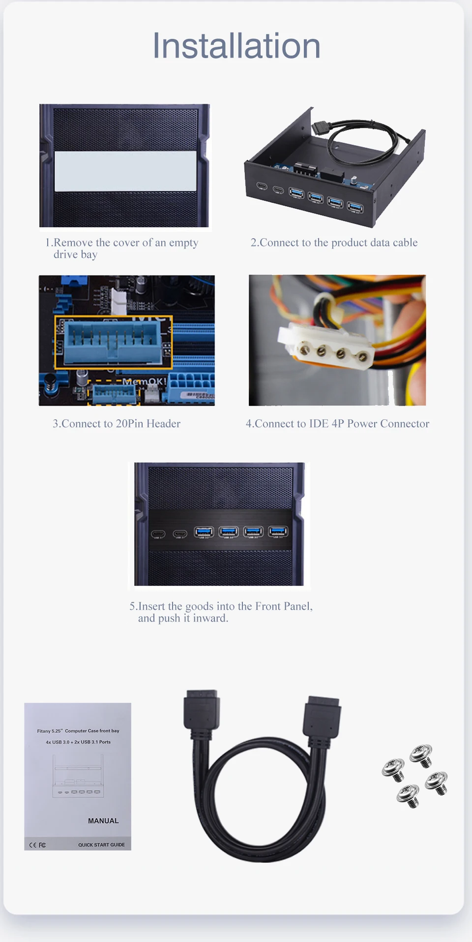 Компьютер Передняя панель оптические приводы 4 порта USB 3,0 + 2 порта type-C внутренний расширительный кронштейн крепление концентратор Bay