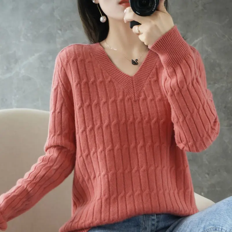 long sweater Women's V-Neck Long-Sleeve Sweater Korean Version Of Loose Versatile Bottom Sweater Large Size Fashion Sweater Autumn And Winter Sweaters