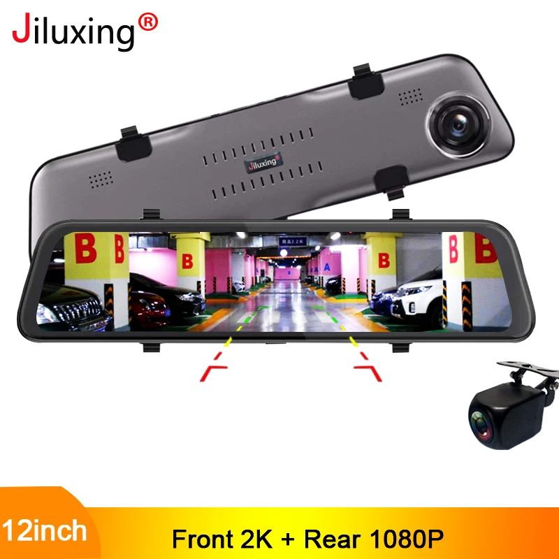 

Jiluxing 2K Car DVR RearView Mirror 12inch Dash Camera Dual Lens Auto Video Recorder 1080P rear camera night vision Parking