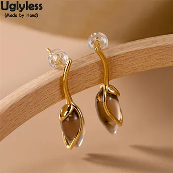 

Uglyless New Color Transparent Brown Crystals Earrings for Women Magnolia Tulip Flowers Earrings 925 Silver Brincos Gold Jewelry