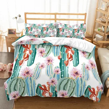 

Cartoon Bedding Set Tropical Plants Green Cactus Pink Flowers White Duvet Cover Set Single Double Bed Linen Set Home Textiles