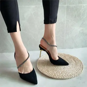 

Sexy summer nude women's shoes pointy suede rhinestone sandals metal stiletto red black seductive heels