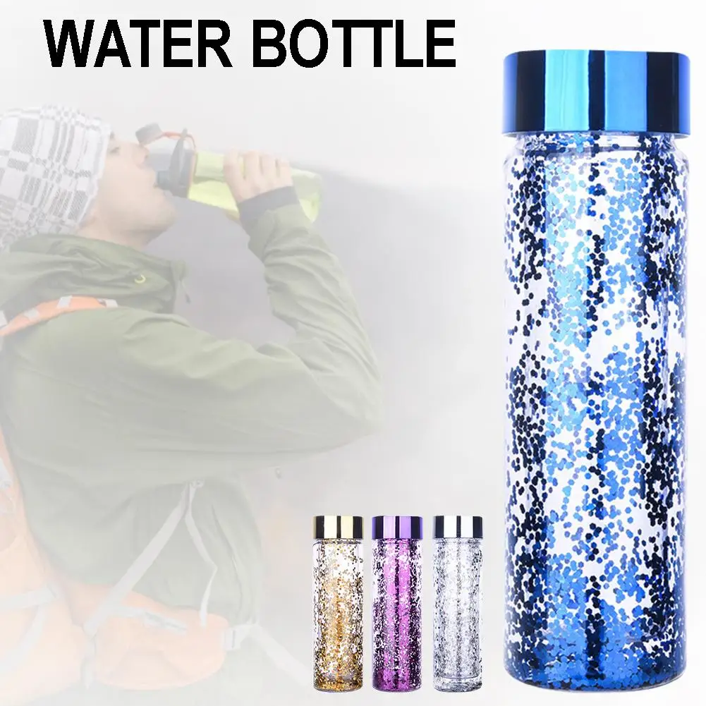 Двухслойная Вакуумная чашка пластиковая бутылка для воды с блестками для наружного кемпинга офиса 600 мл