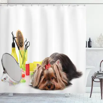 

Dog Lover Decor Collection Yorkshire Terrier with Grooming Items Haircut Scissors Mirror Comb Camera Polyester Fabric Bathroom