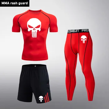 

Summer Short sleeve suit Man Gym Bodybuilding T-Shirt Tactics Shorts 3 piece suits Compression tights Men's Clothing Brand