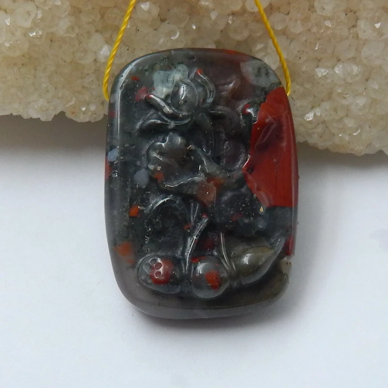 Semiprecious stone Jewelry birthday present New Design Afican Blood Stone Hand Carved Flower Pendant 32x23x9mm 11g | Украшения и