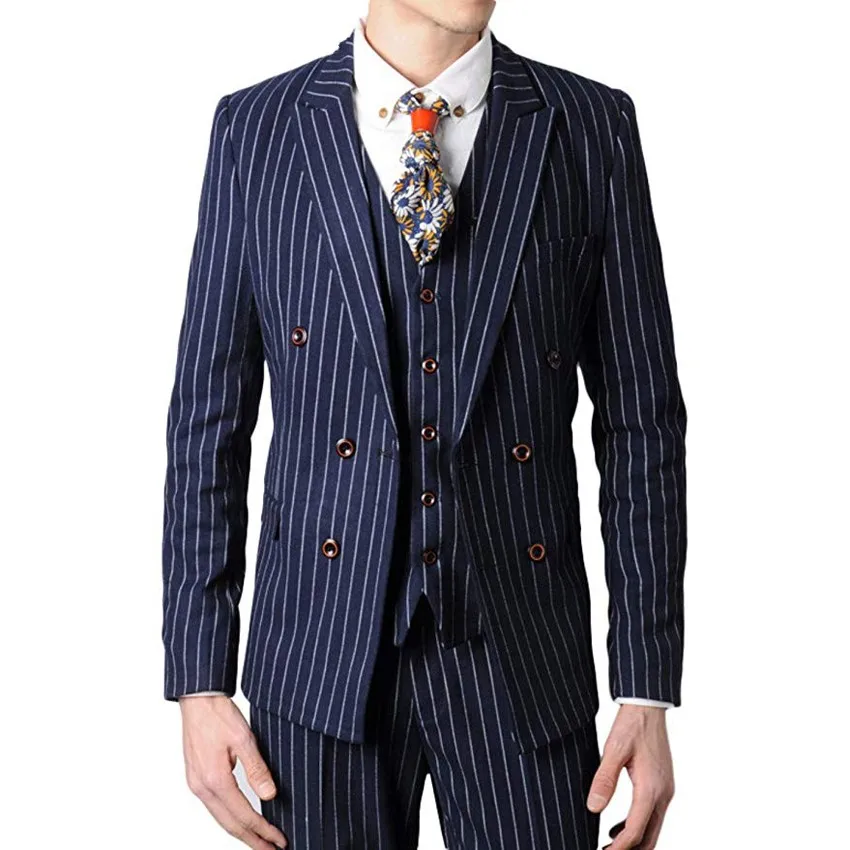 Double Breasted Groomsmen Black/Grey/Navy with White Stripes Groom Tuxedos Peak Lapel Men Suits ( Jacket+Pants+Vest+Tie ) C814 Double Breasted Groomsmen Black/Grey/Navy with White Stripes Groom Tuxedos Peak Lapel Men Suits ( Jacket+Pants+Vest+Tie ) C814