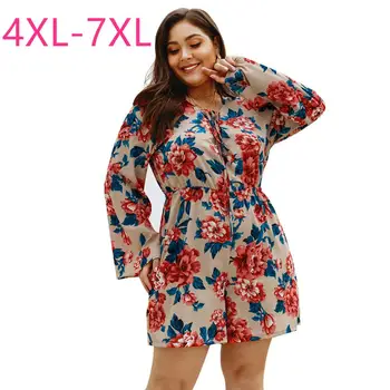 

Spring summer plus size jumpsuit for women large long sleeve loose floral print flower V neck short jumpsuits 4XL 5XL 6XL 7XL