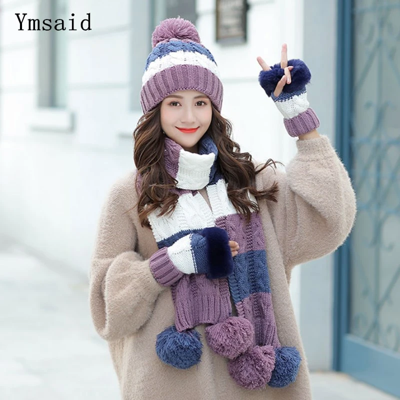 Woman Winter Hats Fashion Woolen Hat Scarf Gloves Set Sweet Girl 