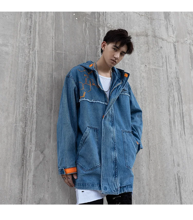 Синяя джинсовая куртка с капюшоном для мужчин Уличная Harajuku длинная Стильная джинсовая куртка негабаритных мужские джинсовые куртки Patchs манжеты махровые липучки
