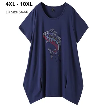 

Plus Size 10XL 8XL 6XL 4XL Women Short Sleeve Summer T Shirts Femme Fish Pattern Casual Clothes Loose T-shirt For Mujers
