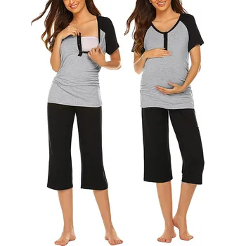 

Leisure Women‘s Summer Cotton Mother T-shirt Maternity Short Sleeve Top T-shirt+Capri Pants Nursing Pajamas Set H4