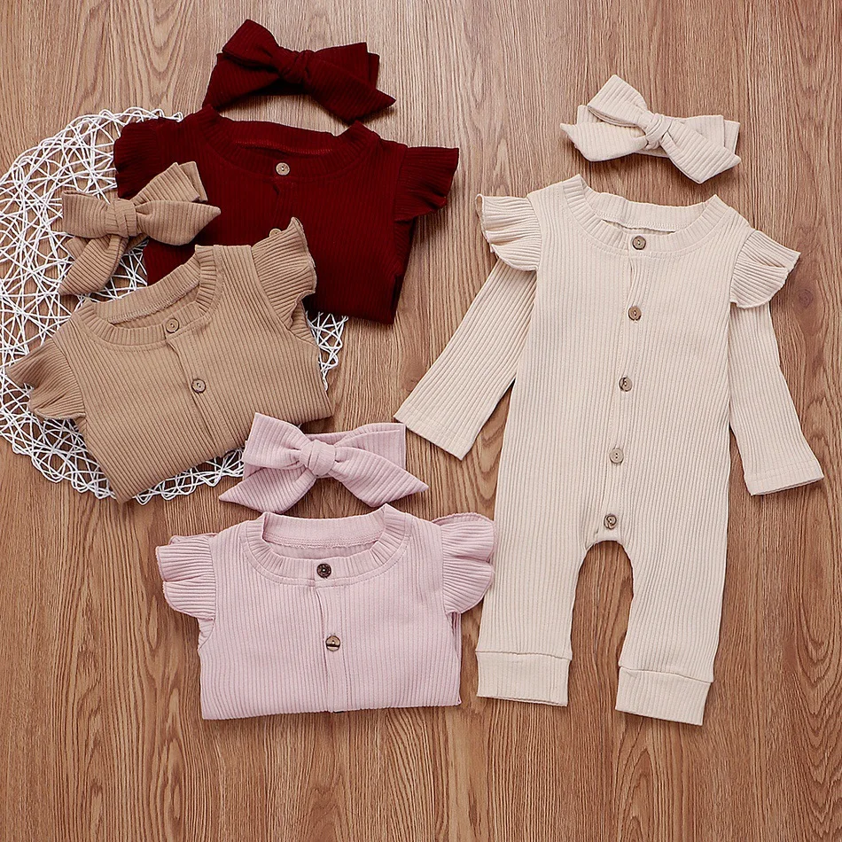 

2019ins Hot Selling Autumn Sunken Stripe Cloth Stripes Baby Girls Solid Color Crew Neck Short Sleeve Button One-piece Romper Cra