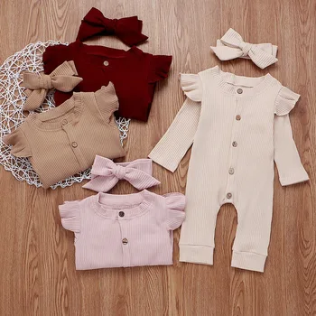 

2020ins Hot Selling Autumn Sunken Stripe Cloth Stripes Baby Girls Solid Color Crew Neck Short Sleeve Button One-piece Romper Cra