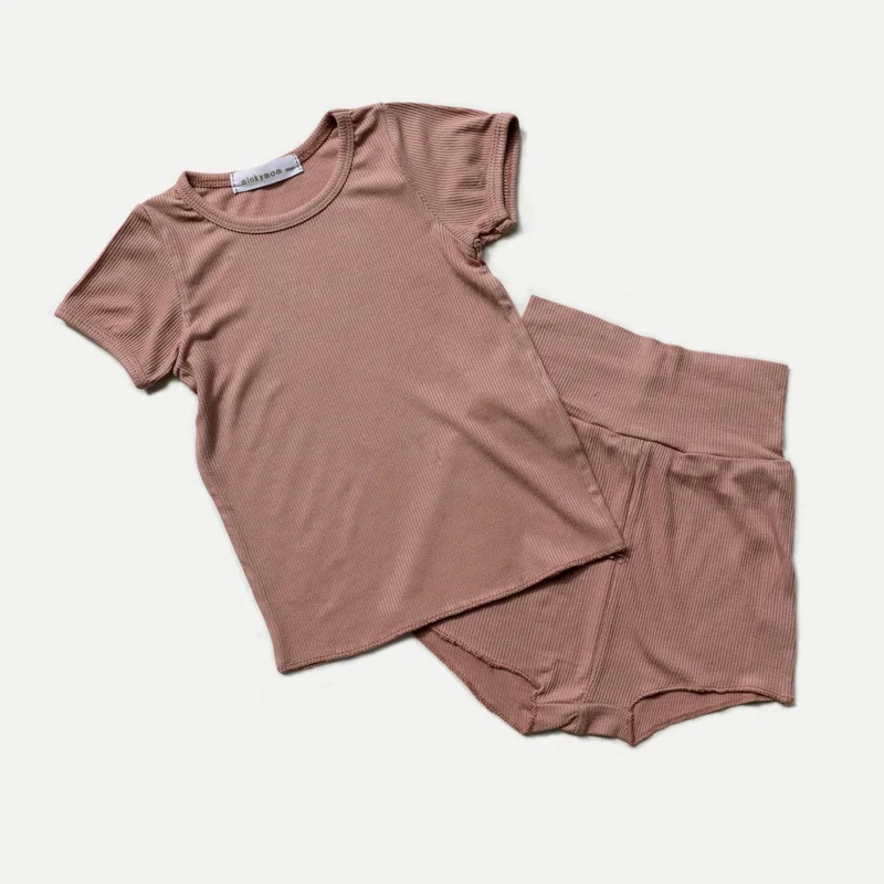 Newborn Baby Clothes Pajamas Set Cotton Summer Infant Ribbed Clothes Set Short Sleeve Sleepwear Baby Bodysuit Home Suit 2PCS kids clothing set